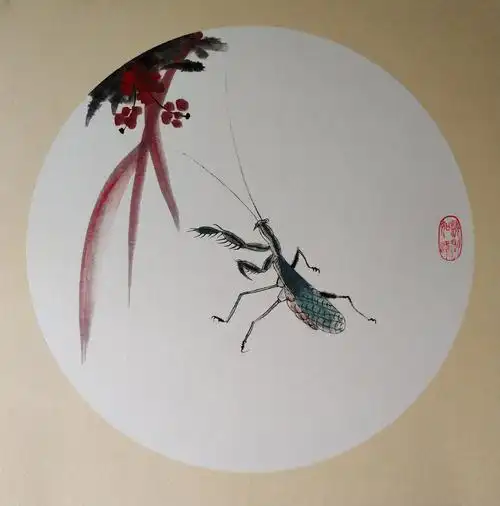 《螳螂扑花》水墨画 宽38高38厘米