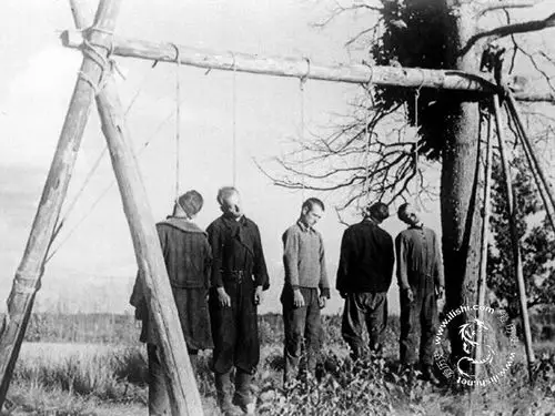 在德军武器的威逼下,苏联游击队员平静的走上了绞刑架