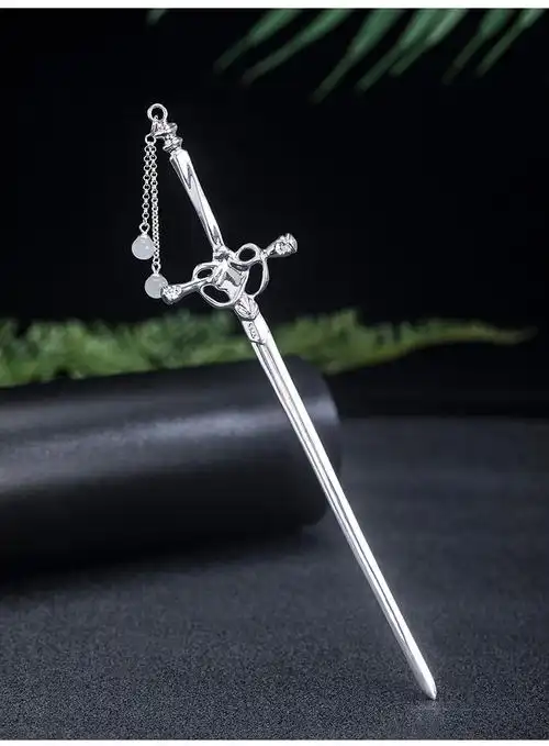 s925银中国风和田玉流苏佩剑发簪古风汉服盘发头饰宝剑簪子 和田玉
