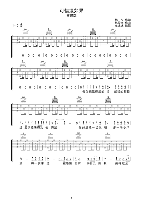 林俊杰 可惜没如果 吉他谱 无限延音编配c调六线pdf谱吉他谱-虫虫吉他