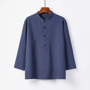 粗布衣料男230斤七八分袖t恤特大号码中宽版棉麻衬衫5x日韩风脱俗