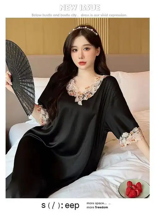 大码丝绸睡衣女夏天短袖薄款冰丝宽松性感连衣裙睡裙夏季家居服女