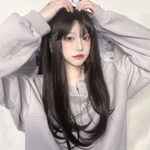 假发女长发全头套式自然仿真长直发夏圆脸网红空气刘海黑色假发套