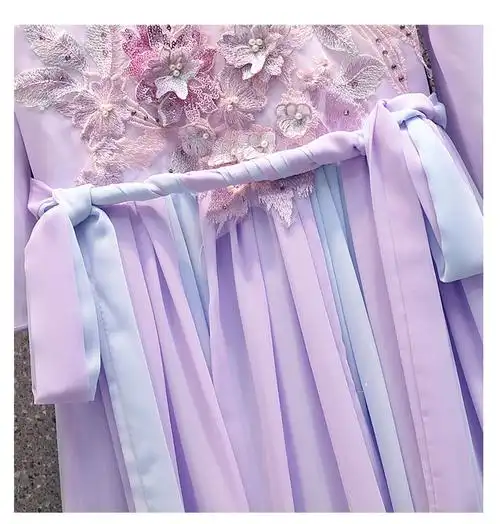 汉服女成人夏款大码胖mm系带绣花古装中国风汉元素连衣裙长裙紫色m