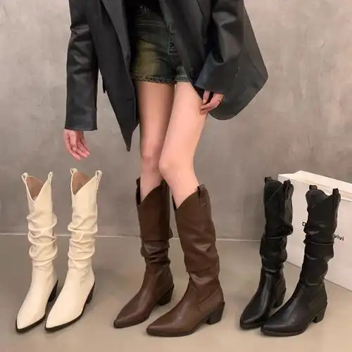 高跟棕色美拉德v口瘦瘦长筒靴女鞋2024春秋冬季尖头堆堆中长靴子