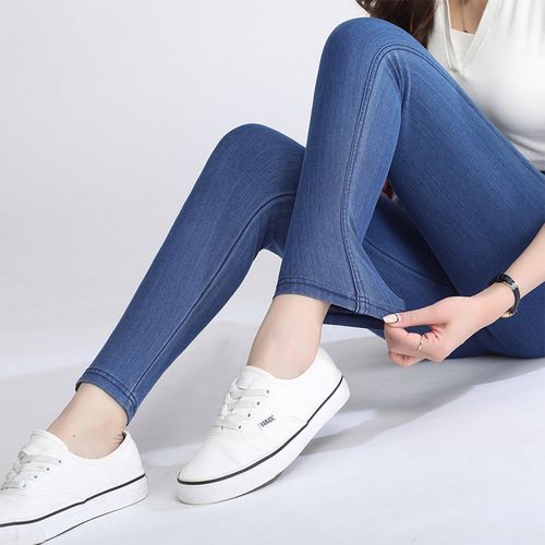 冰丝牛仔裤女九分裤2022夏季超薄松紧高腰大码高弹力天丝软小脚裤