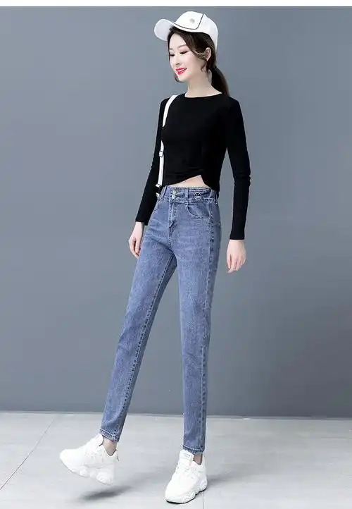 裤小脚长裤哈伦裤子流行裤哈伦秋冬高腰修身小直筒显高萝卜九分蓝色26