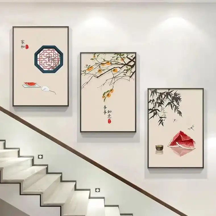 楼梯楼道楼梯间装饰画新中式花鸟荷花复式楼壁画三联客厅过道挂画