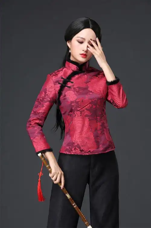 唐装女上衣夹棉文艺长袖外套中式旗袍上衣茶服复古汉服 红上衣 黑纤