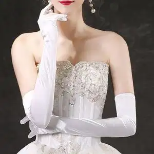 结婚新娘婚纱手套秋季礼服面带长款过肘纯色红白米黑色弹力手套