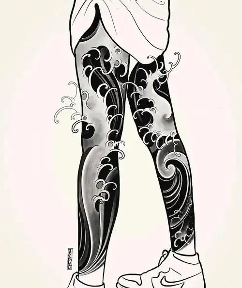 太原纹身‖水浪花腿手稿分享_纹身_太原攻略_太原纹身_美妆_彩妆_彩妆