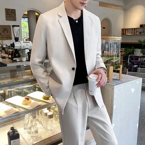 白色西装休闲套装男帅气气质宽松韩版大码西服修身外套潮流米白色