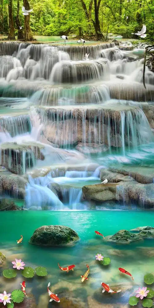 xt95476新中式山水瀑布荷花池金鱼树林仙鹤绿色玄关