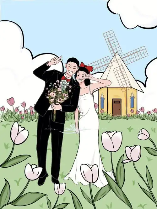 可可爱爱卡通婚纱照ps板绘