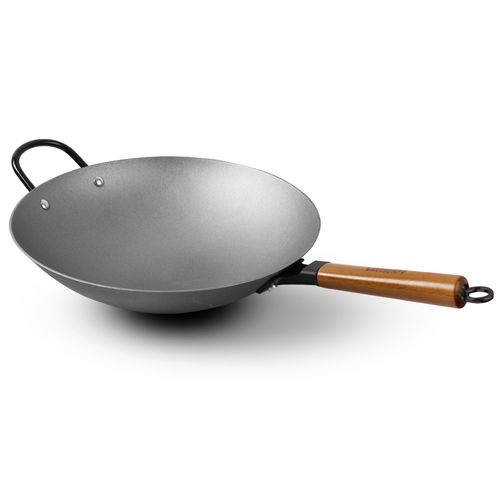 多福铸铁平底炒锅34cm单柄生铁圆底锅老式木柄炒锅