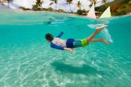 小男孩在海洋中游泳照片