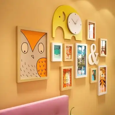 儿童房照片框挂墙时尚个性卧室照片墙装饰相框墙创意组合大象钟表