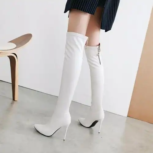 美鞋白色靴子细跟高跟过膝长靴弹力靴瘦腿大码靴子小码女靴 lqw