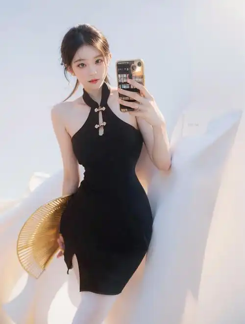 直播衣服女主播上镜年轻款少女性感黑色露肩挂脖改良旗袍连衣裙 - 17