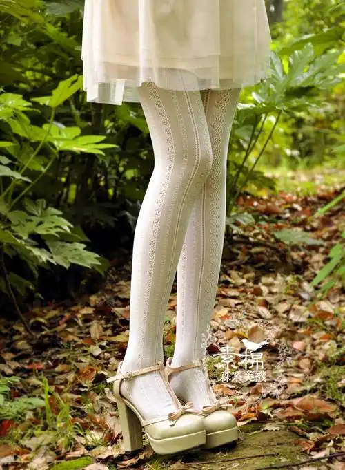 森女 复古蕾丝镂空丝袜连裤袜 白色日系袜子 女打底袜