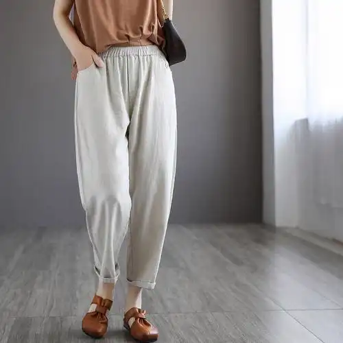 代勒原创文艺复古棉麻纯色九分休闲裤女士宽松显瘦简约百搭哈伦裤