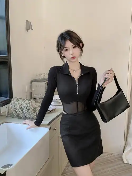 甜酷polo领长袖t恤御姐透视网纱夜店风性感连体衣服上衣 - 17网