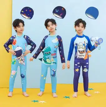 保守恐龙可爱长袖儿童泳衣宝宝男童男孩泳装沙滩防晒游泳衣冲浪服