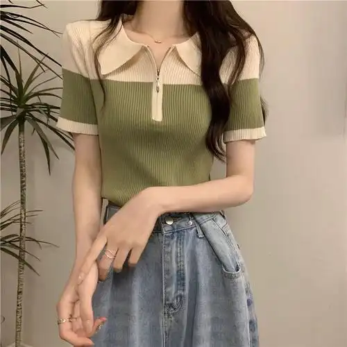 polo领拉链针织短袖t恤女夏季新款洋气复古显瘦拼色体恤港味上衣 - 17