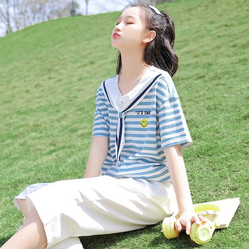 初中生夏装套装女新款学院风日系海军领高中生七分裤jk校服两件套