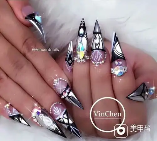 尖形新娘手绘紫色黑色白色争取站在时尚的最顶端美甲图片
