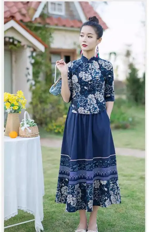 唐装女装中国风复古中式盘扣改良旗袍式上衣民族风棉麻套装两件