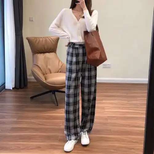 大长腿显腿直加厚格纹拉长腿型ju显瘦黑白格子阔腿裤