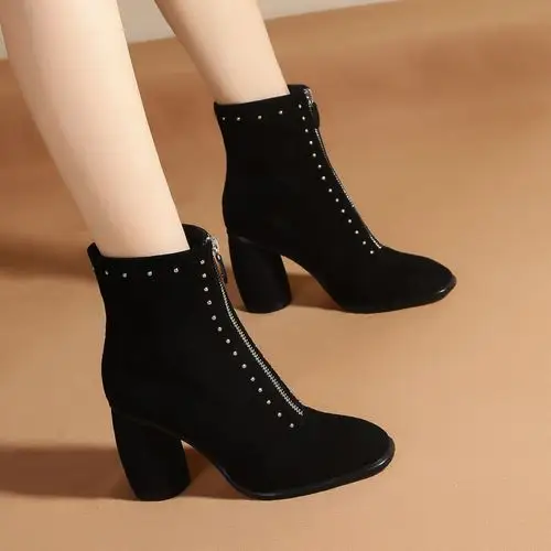 姝菲秋冬女鞋新品欧美【羊反绒】简约大气休闲拉链圆头粗跟高跟女短靴