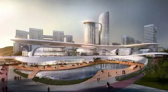 邻里中心: 在空间上采用多首层的设计手法,流线型顶部构架造型体现 "