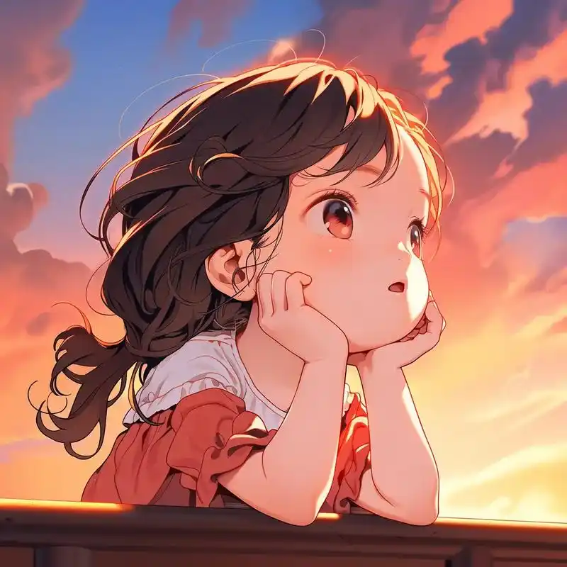 仰望夕阳的小女孩 #动漫女头 #女生头像 #萌娃漫画头像 # - 抖音