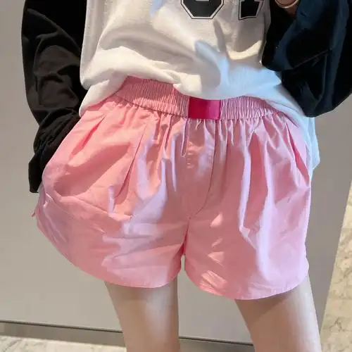 张静芝韩国东大门 少女心~淡粉色松紧腰休闲插兜花苞短裤女