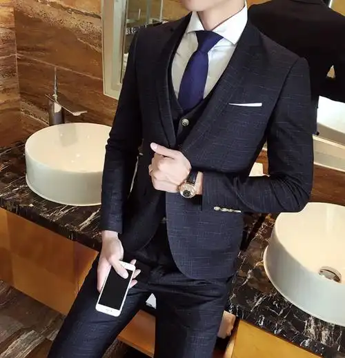 男士新郎结婚西服套装男伴郎礼服韩版修身西装三件套夏季格子正装