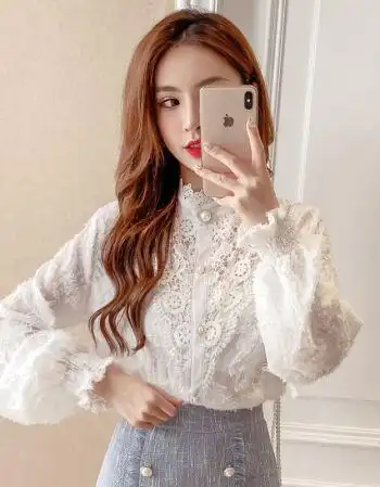蕾丝衬衫女秋冬新款半高领宽松长袖立领衬衣加绒加厚百搭打底衫潮sn