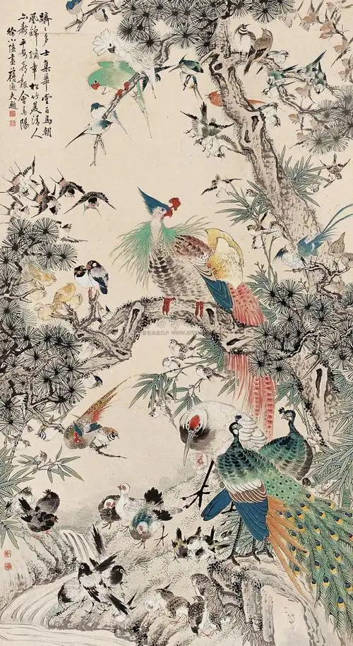 0040 百鸟朝凤 立轴 设色纸本