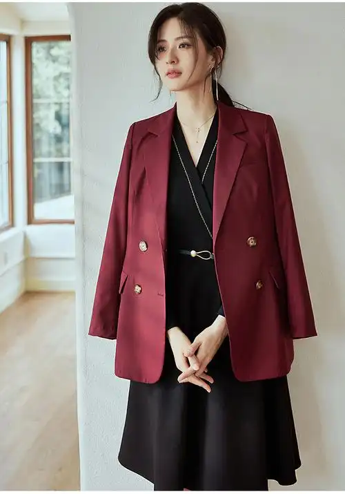 roeyshouse罗衣知性ol酒红色西装外套女2022春装新款职业通勤修身西服
