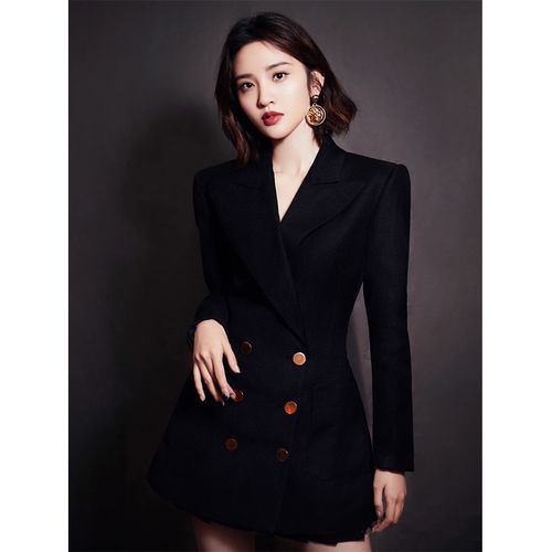 欧美春秋冬明星唐艺昕同款时尚黑色西装裙外套修身ol风衣连衣裙女