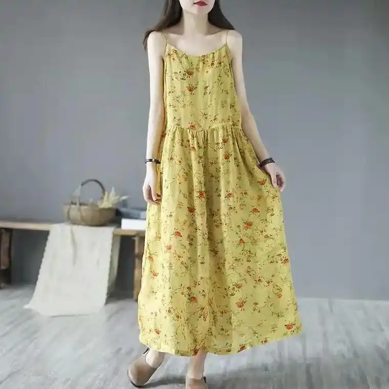 女复古碎花亚麻吊带长裙文艺宽松大摆裙涤棉
