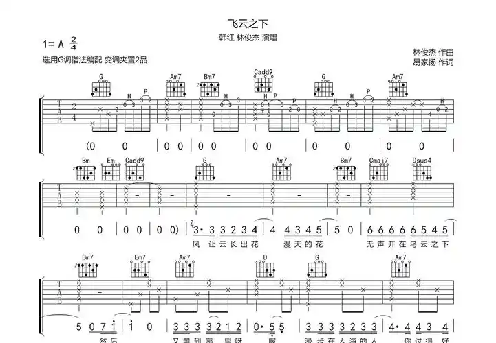 飞云之下吉他谱_韩红,林俊杰_g调弹唱吉他谱85%原版 - 吉他世界
