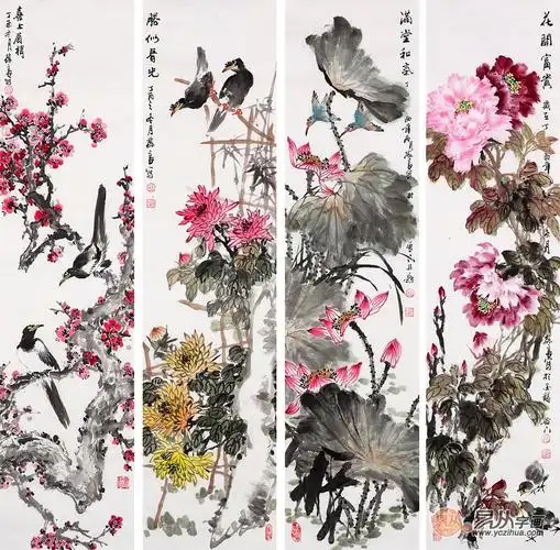 客厅挂画欣赏三: 这是晋葆良老师花鸟画四条屏,四副作品代表了春夏