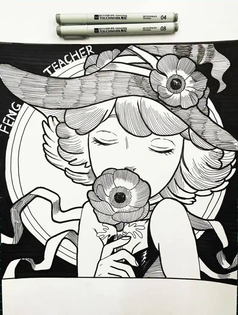 线描人物 线描女孩,儿童画,黑白装饰画,线描设计,创意线描 今日作品