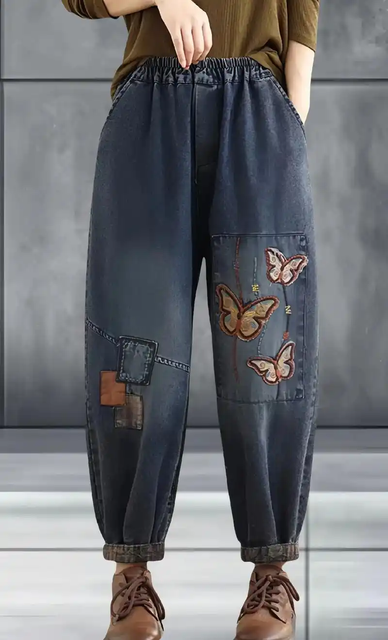 秋季大码松紧腰蝴蝶刺绣牛仔哈伦裤