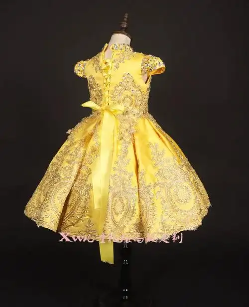 儿童主持人礼服女表演连衣裙公主洋气婚纱裙金色短款高端走秀热卖