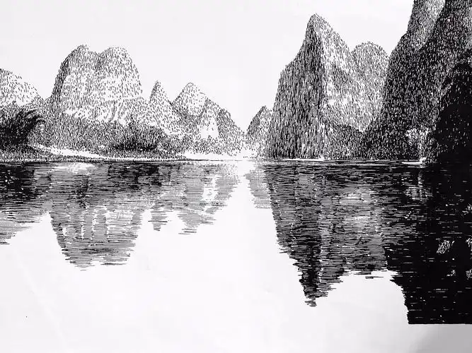 马国斌钢笔画江南水乡古镇风光