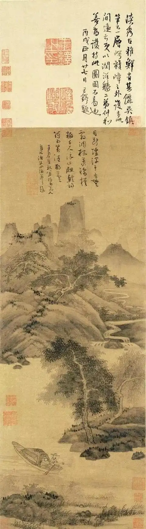 元 吴镇 渔父图 绢本墨笔 纵84.7横29.7cm