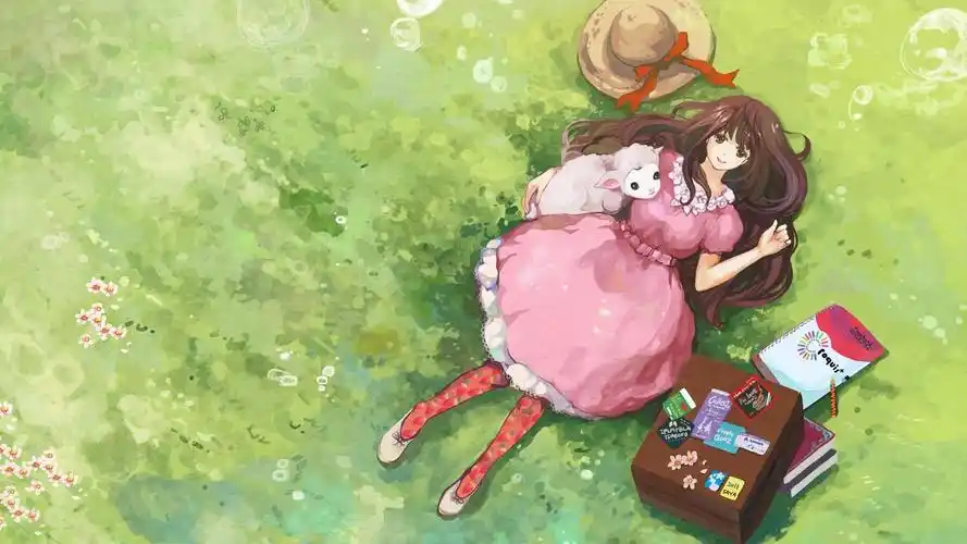 草地可爱女生卡通桌面壁纸